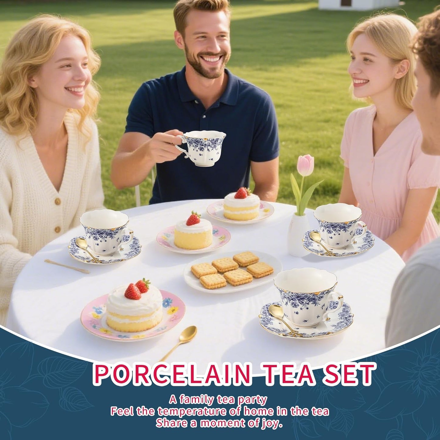 TATSUMI Country Roses Bone China Tea Cup and Saucer Set, 6 Pieces, Vintage Style, For Women and Tea Parties（sky blue，2 sets）