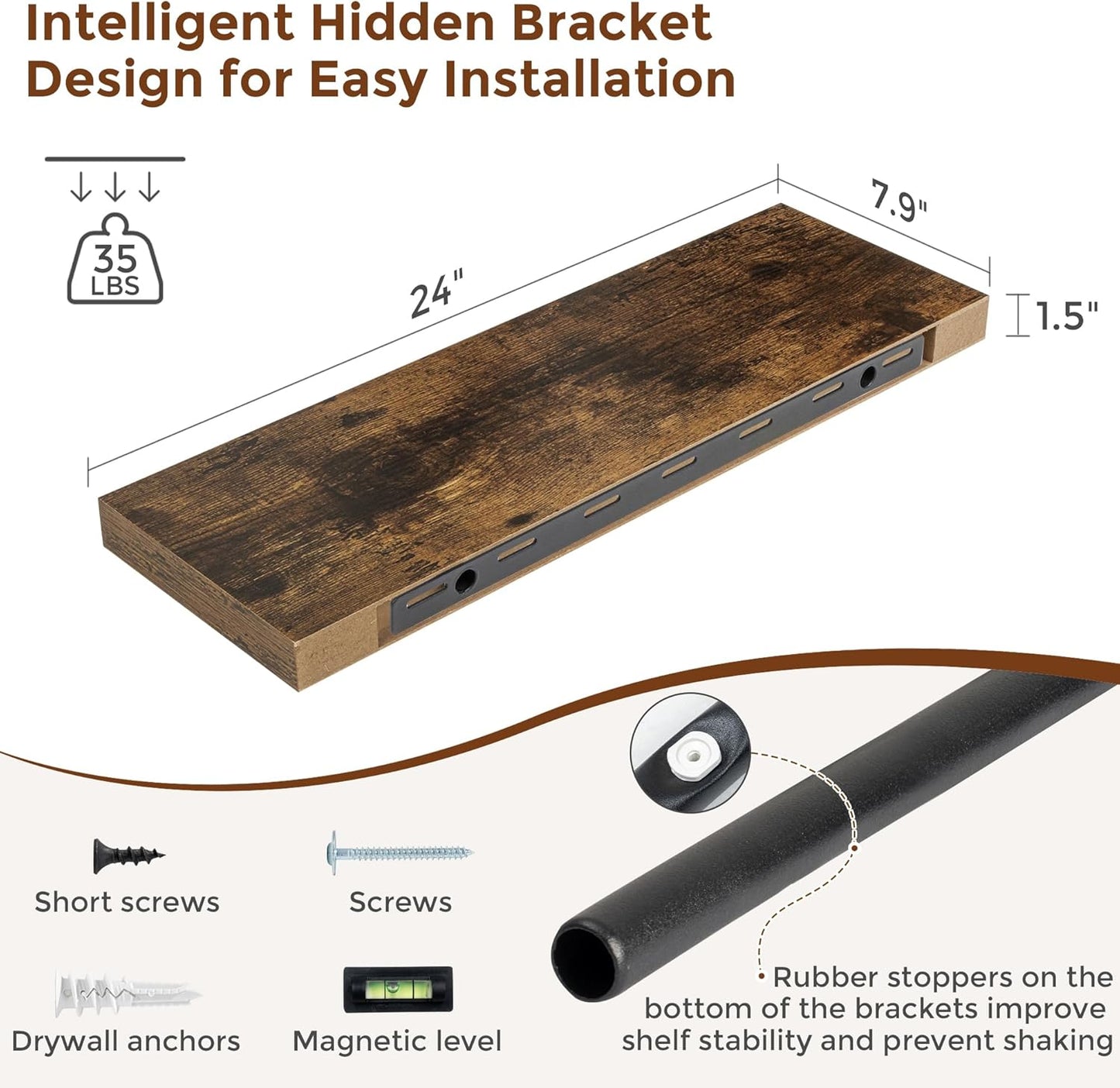 Heimlove 24 Inch Floating Shelves for Wall Rustic Brown Shelves Set of 2,Wall Mounted Rustic Wood 8 Inch Deep Floating Shelf with Invisible Brackets for Bedroom Kitchen Living Room