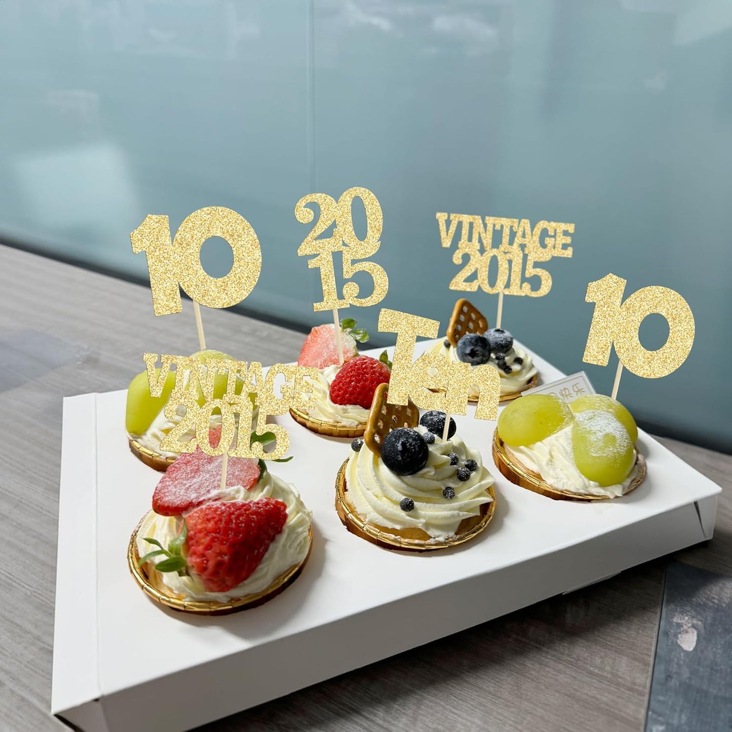 Gyufise 24Pcs Double Digits 10 Cupcake Toppers Glitter Ten Vintage 2015 10th Birthday Cupcake Picks Hello 10 Years Birthday Cake Decorations for Happy 10th Birthday Anniversary Party Supplies Gold