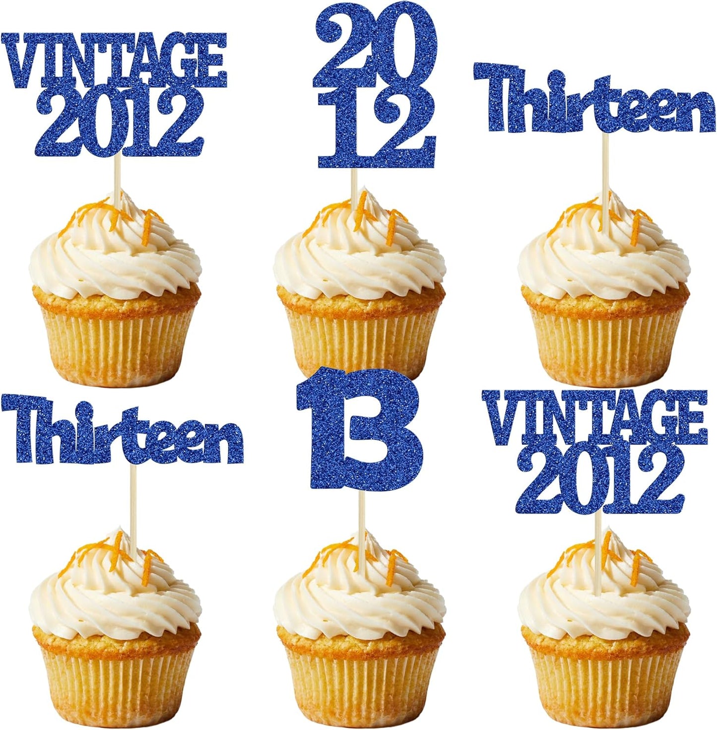 Gyufise 24Pcs 13th Birthday Cupcake Toppers Glitter Thirteen Vintage 2012 Official Teenager 13 Cupcake Picks Birthday Cake Decorations for Happy 13th Anniversary Party Supplies Deep Blue