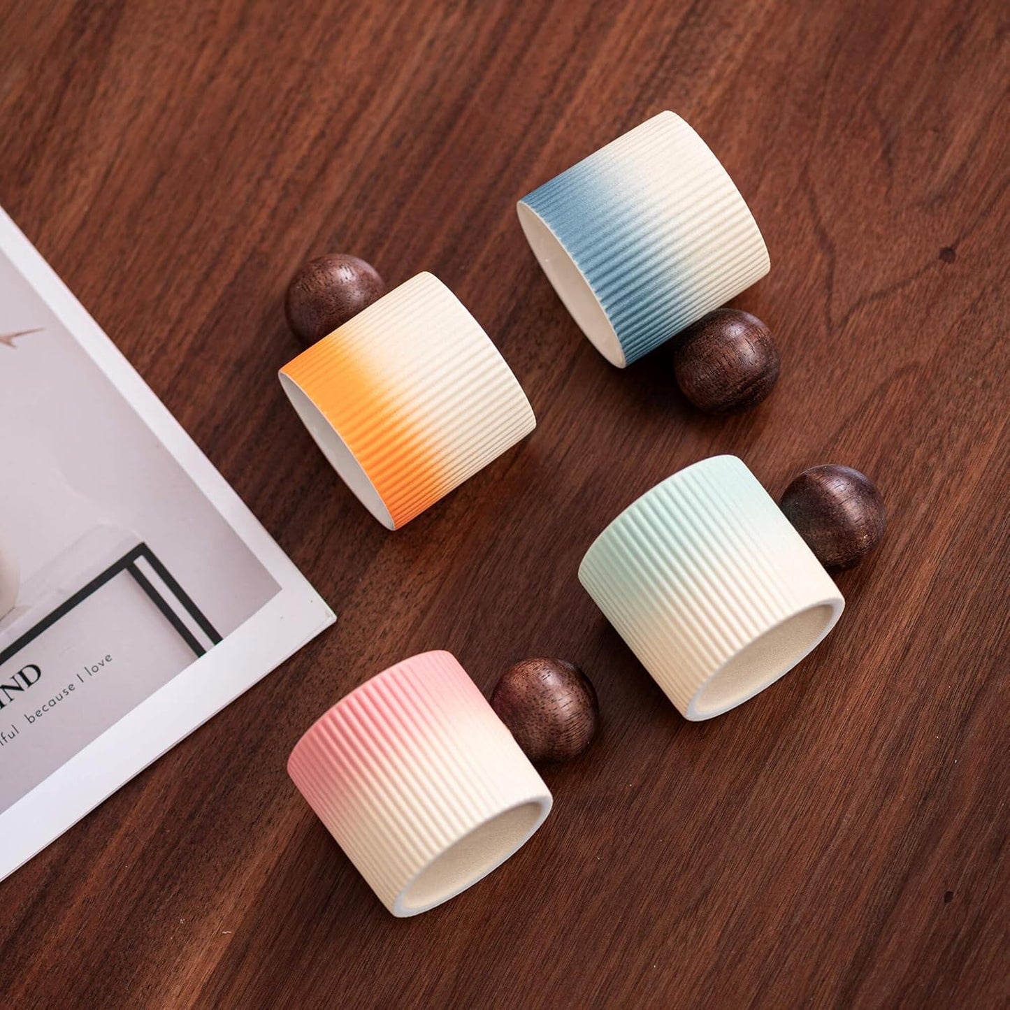 Ceramic Mini Espresso Cups Demitasse Cups with Round Wooden Handle Vertical Stripes Tea Cups (Multicolor-B, 4pcs)