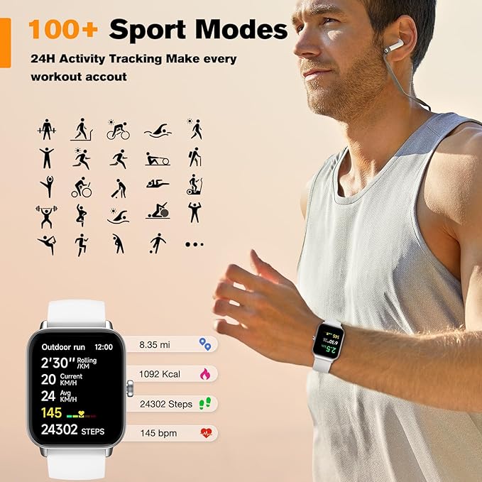 Smart Watch for Women Android iPhone Compatible, 1.8” Touchscreen,Bluetooth Call,24/7 Heart Rate, SpO2 Monitor, Step Counting, Sleep Tracking, IP68 Waterproof Activity Tracker and Smartwatch(White)