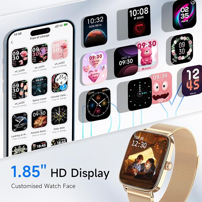 Smart Watches for Women, 1.85" HD Smartwatch (Answer/Make Calls), 100+ Sport Fitness Watch with Heart Rate/Sleep/SpO2 Monitor, IP68 Waterproof Reloj Inteligente Compatible iPhone/Samsung/Android