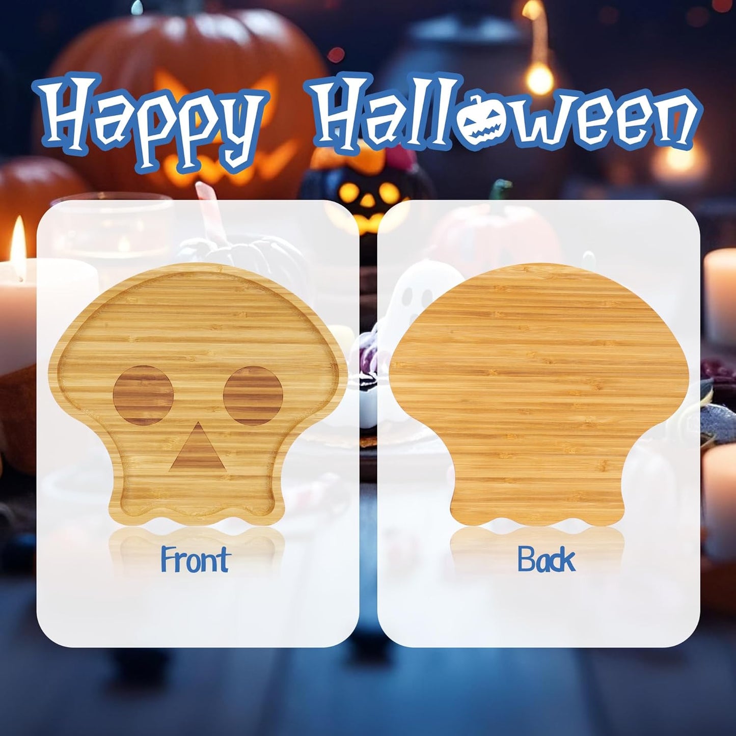 TJ POP Halloween Skull Serving Platter - 10” x 9” Skull Shaped Bamboo Serving Tray, Cute Wooden Charcuterie Board, Spooky Halloween Snack Dessert Candy Dish Plate for Party, Kitchen, Dining Decor