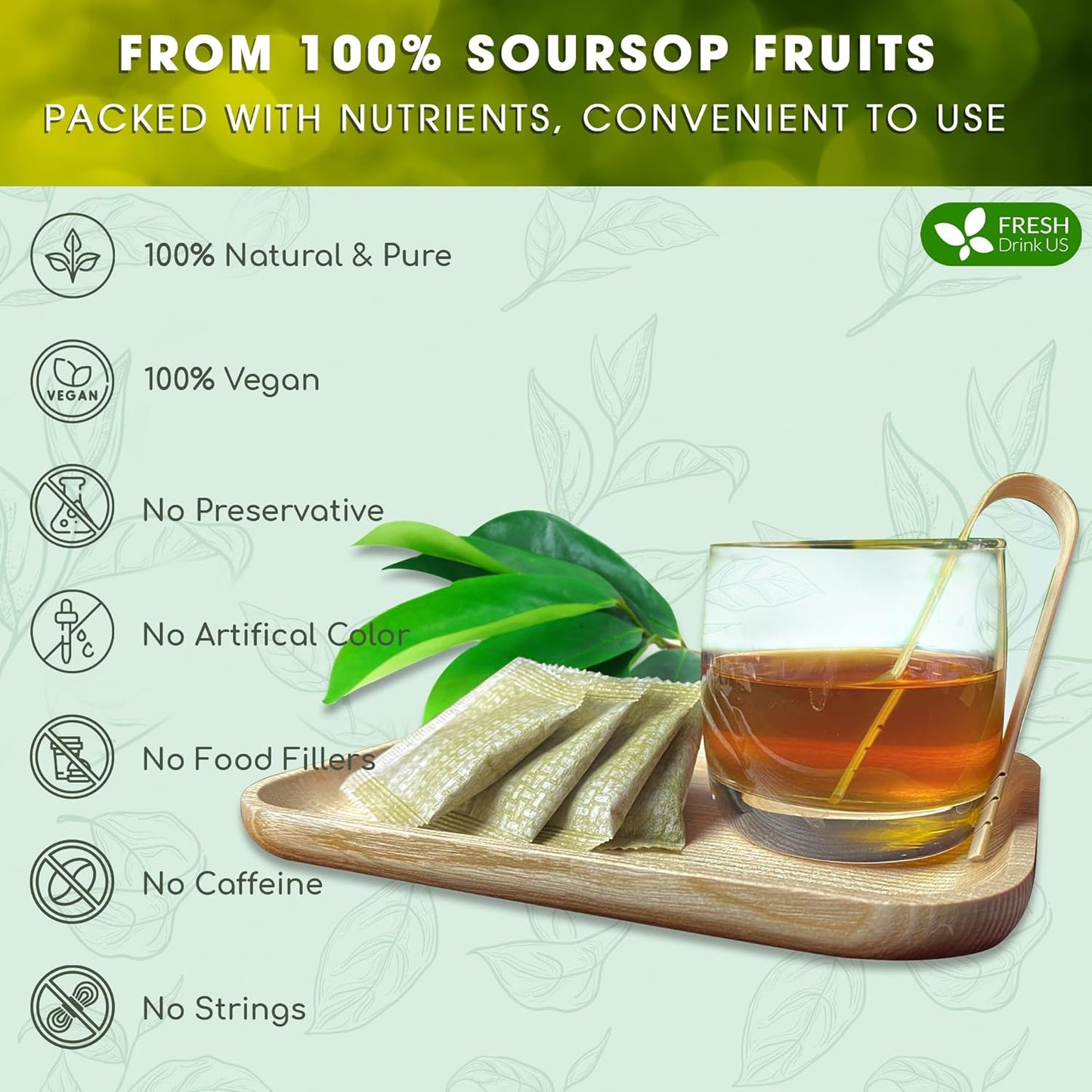 FreshDrinkUS, 40 Premium Soursop Graviola Fruit Tea Bags, 100% Natural and Pure from Soursop Fruits, Made With Natural Materials-Corn Fiber Tea Bag, Sugar/Caffeine/Gluten Free, Hoja Guanabana Tea