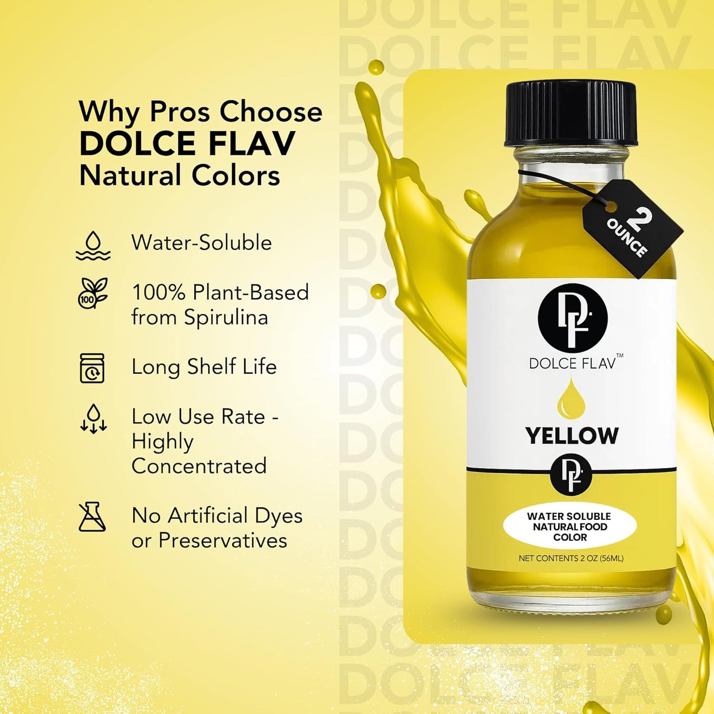 Dolce Flav Natural Yellow Food Coloring – 2 oz Bright Plant-Based Color from Curcumin | Water-Soluble Liquid Color for Baking, Drinks & Frostings | Graduated Dropper Included | | Kosher | No Artificial Dyes | Made in USA