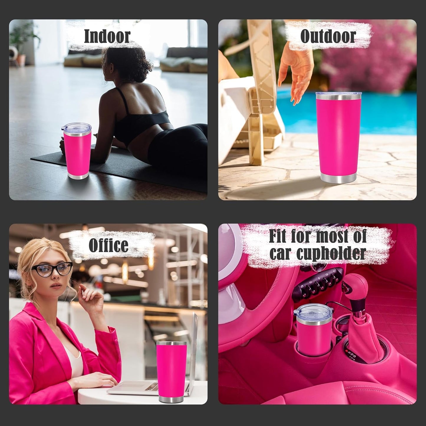 20 oz Tumbler Coffee Tavel Tumblers Bulk with Lid Stainless Steel Double Wall Vacuum Insulated Mug Powder Coated Cups fit Car Cupholder for Hot and Cold - Hot Pink, 4Pack