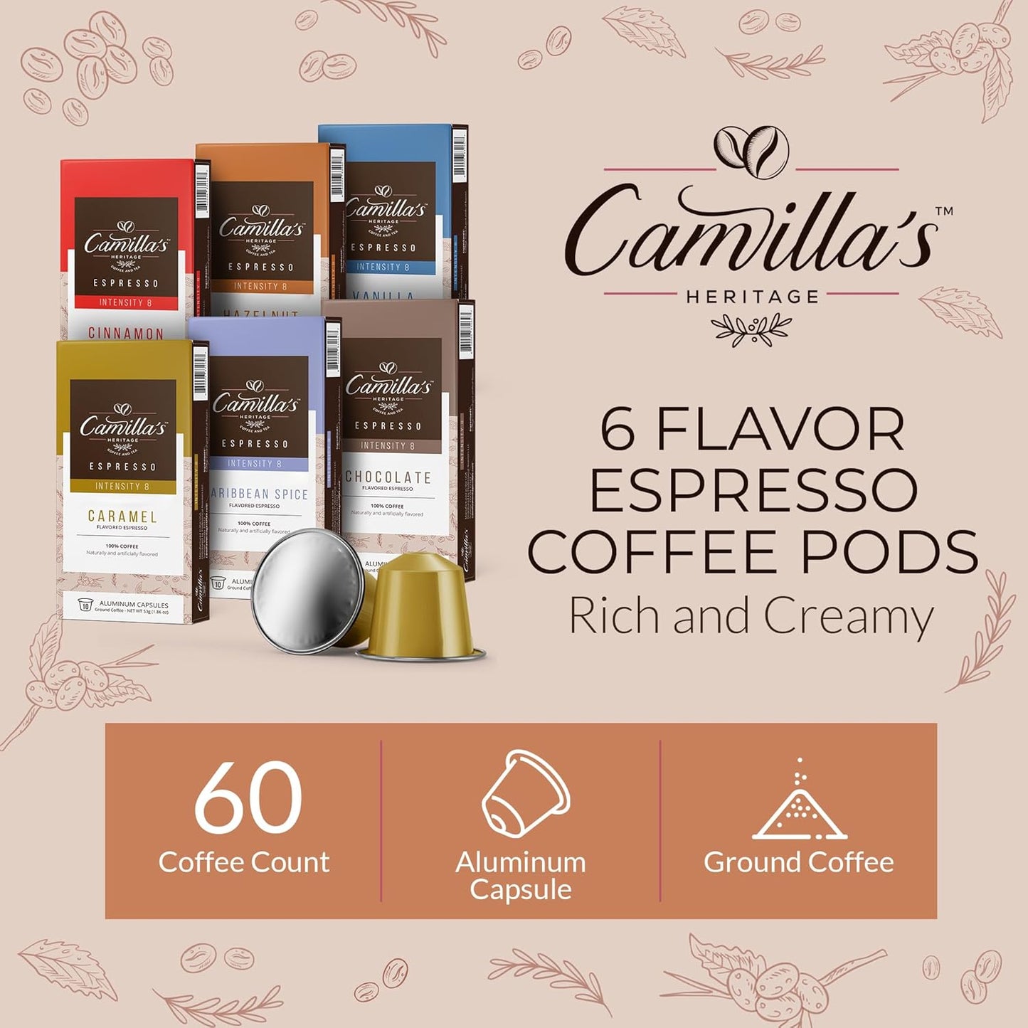 Camilla’s Heritage - Intensity 8 Flavored Espresso Coffee Variety Pack (Caribbean Spice, Cinnamon, Hazelnut, Chocolate, Caramel & Vanilla Espresso Cups) 60 Coffee Pods
