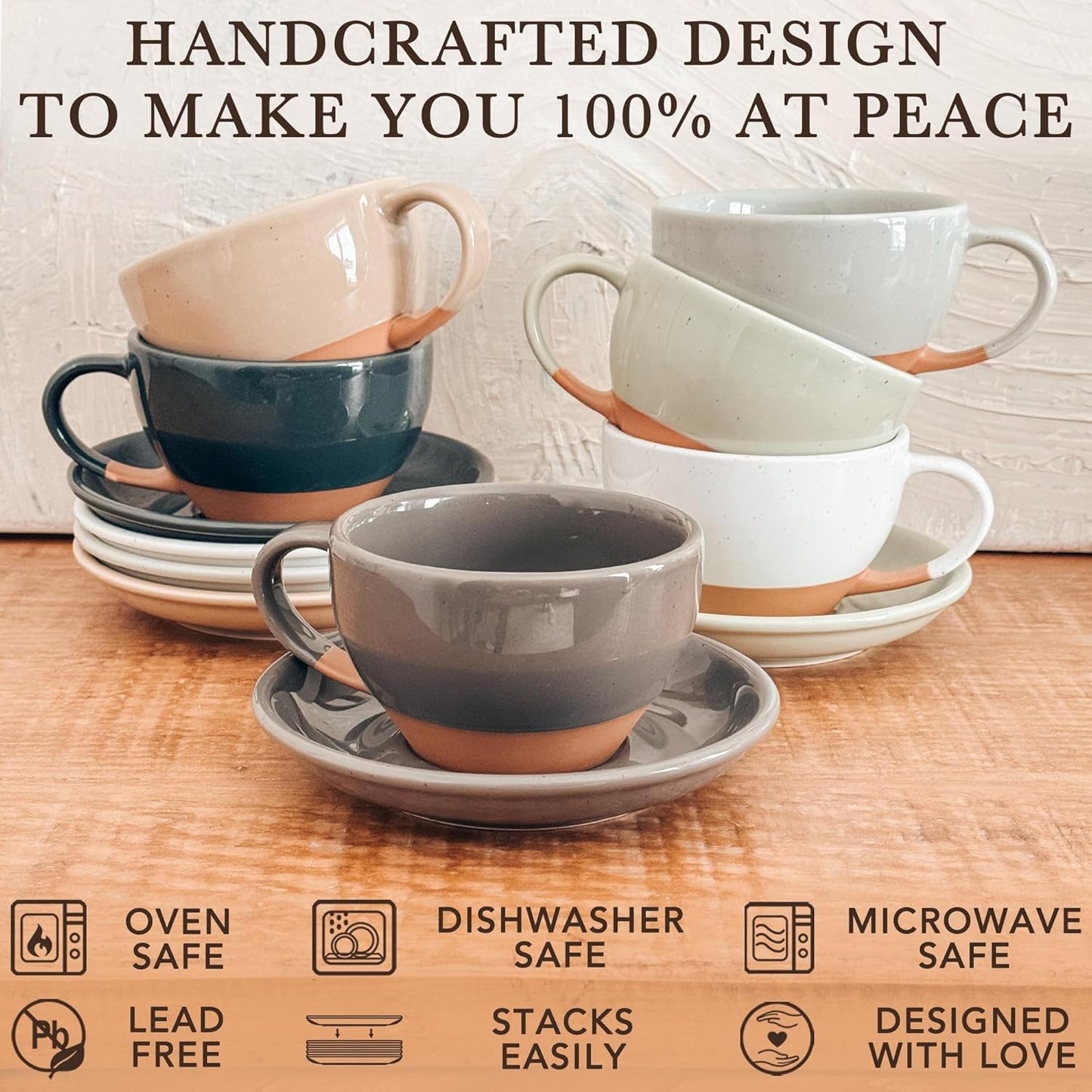 Mora Ceramic Latte Art Mug With Saucer - 10.5 oz, Round Bottom For Perfect Pours - Cafe Cups for Cappuccino, Espresso, Coffee, Tea etc - Porcelain Set for Baristas, Great Gift - Sesame Milk