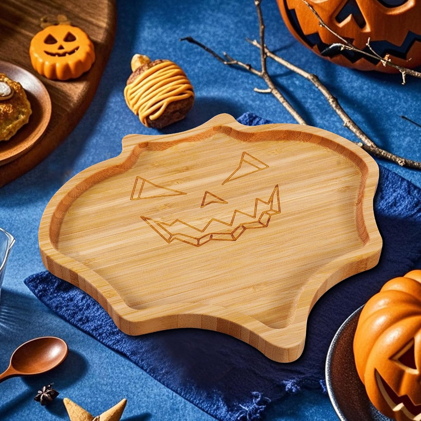 TJ POP Halloween Bat-Shaped Bamboo Serving Tray - 10"x9" Spooky Bat Snack Dessert Platter, Eco-Friendly Natural Wooden Charcuterie Board for Candy, Cookies, Appetizers, Party Decor & Festive Feasts