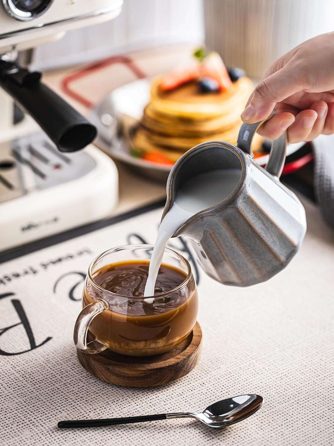 Ceramic Creamer Pitcher,Creamer Container with Handle, 10 OZ Small Milk Pitcher for Coffee, Sauces, Salad, Gray