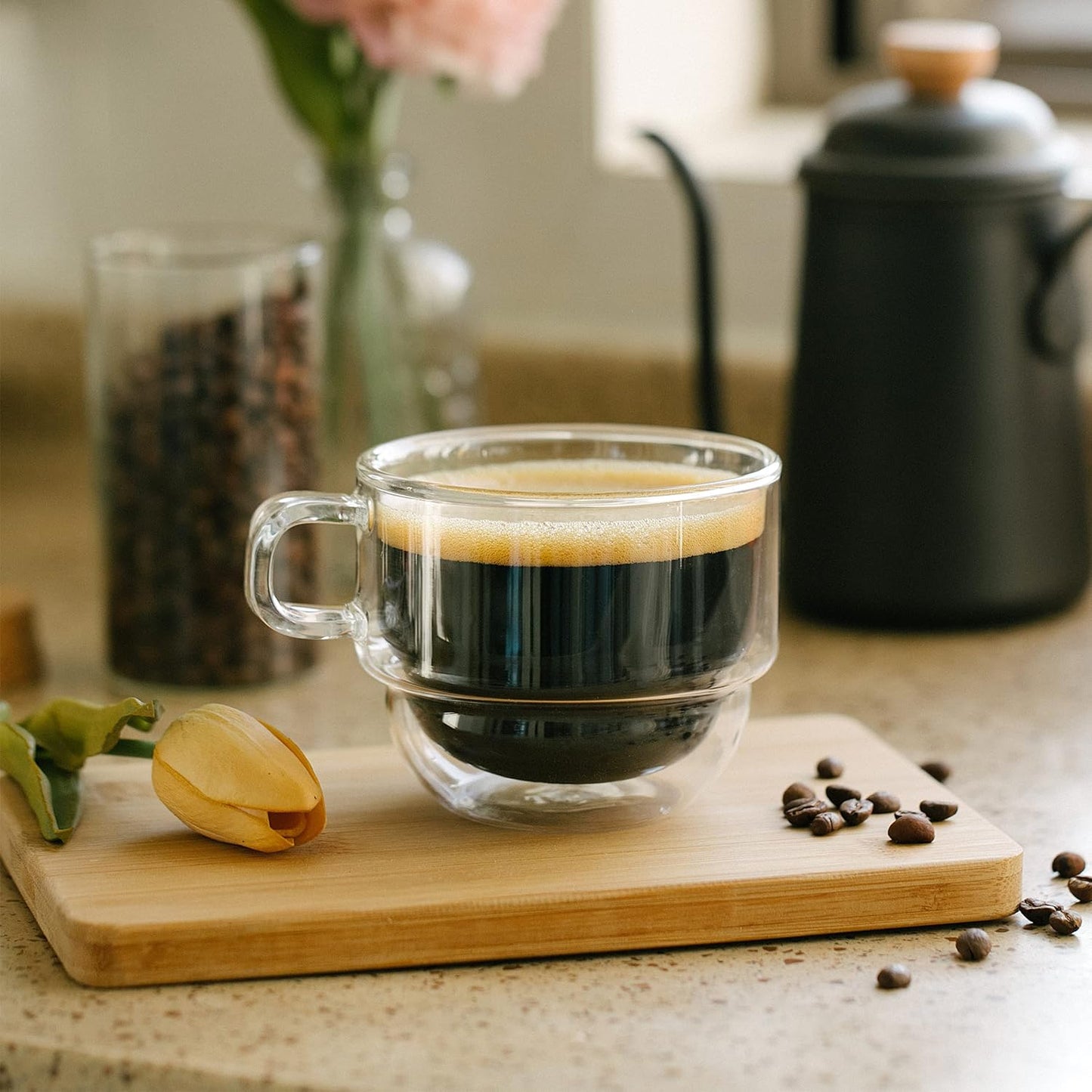 BTaT- Stackable Insulated Coffee Mugs, 4 Pack 12 oz(350 ml), Ideal for Hot and Cold Drinks, Stackable Cappuccino Cups, Double Wall Glass Coffee Cups, Tea Cups, Latte Cups, Latte Mug