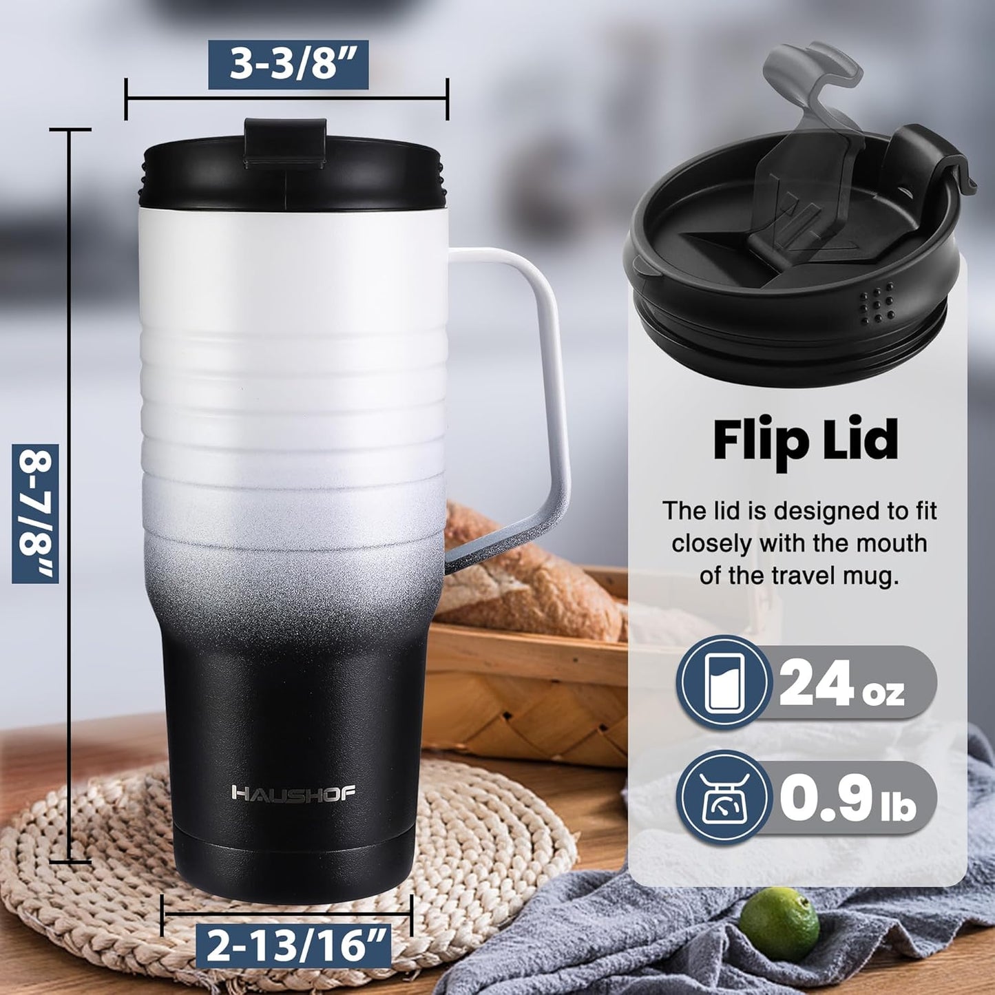HAUSHOF 24 oz Travel Mug with Handle, Stainless Steel Vacuum Insulated Coffee Travel Mug, Double Wall Travel Mugs with Leakproof Lid, BPA Free