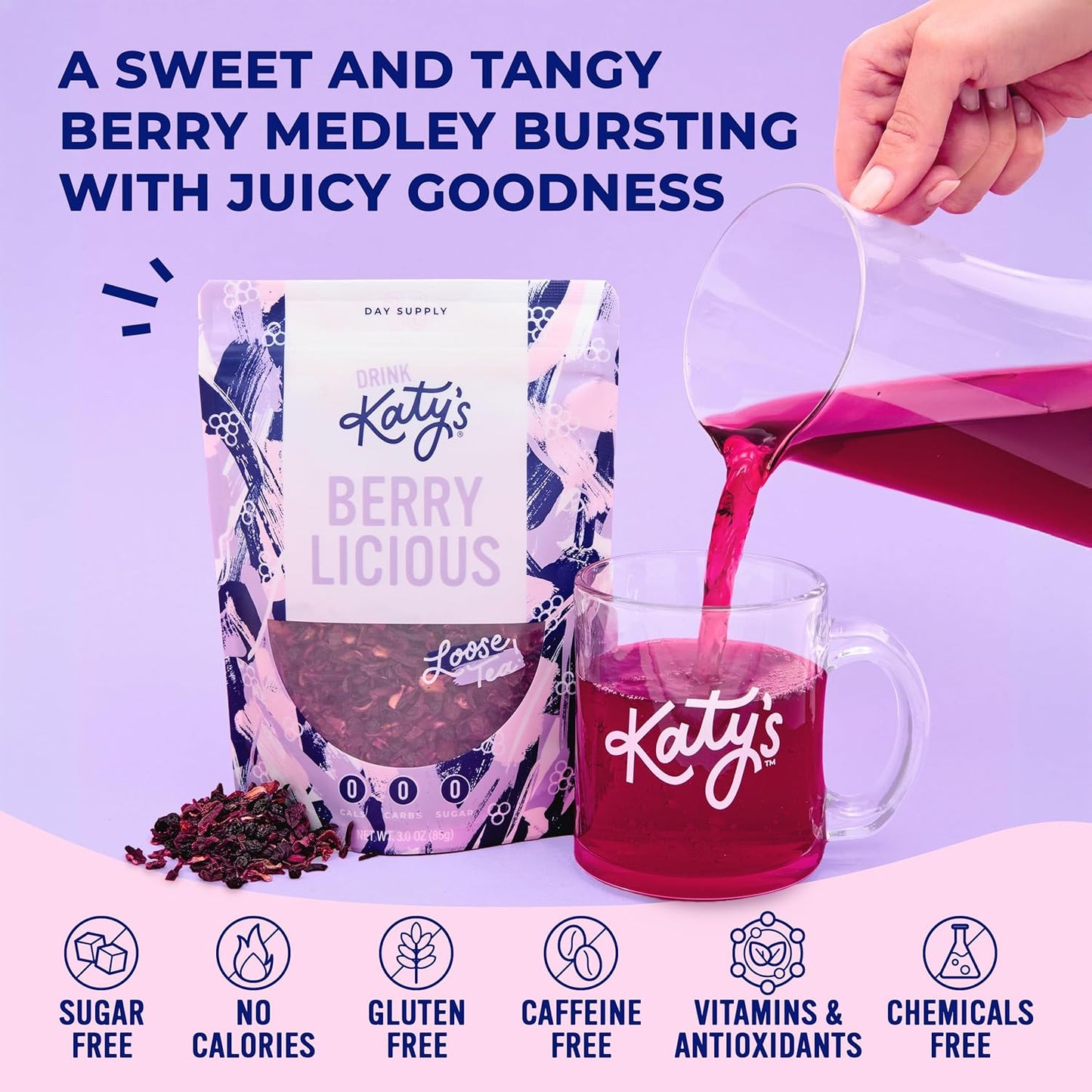 Katy’s® Berrylicious Loose Leaf Tea | Hibiscus, Blueberry & Cranberry | Fruity Herbal Tea | Caffeine-Free Fruit Tea | Cold Brew or Hot | 30+ Cups | Antioxidant-Rich | Woman-Owned | 3oz Pouch