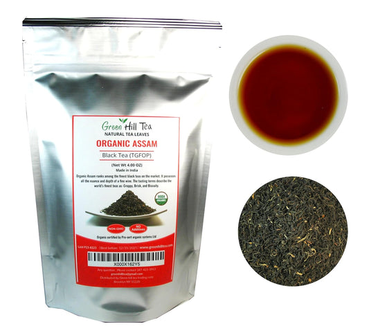 Greenhilltea, Organic Assam (TGFOP) Black teaWith Tippy and Flowery premium loose leaves tea packed in resealable zip lock foil bag 4 OZ