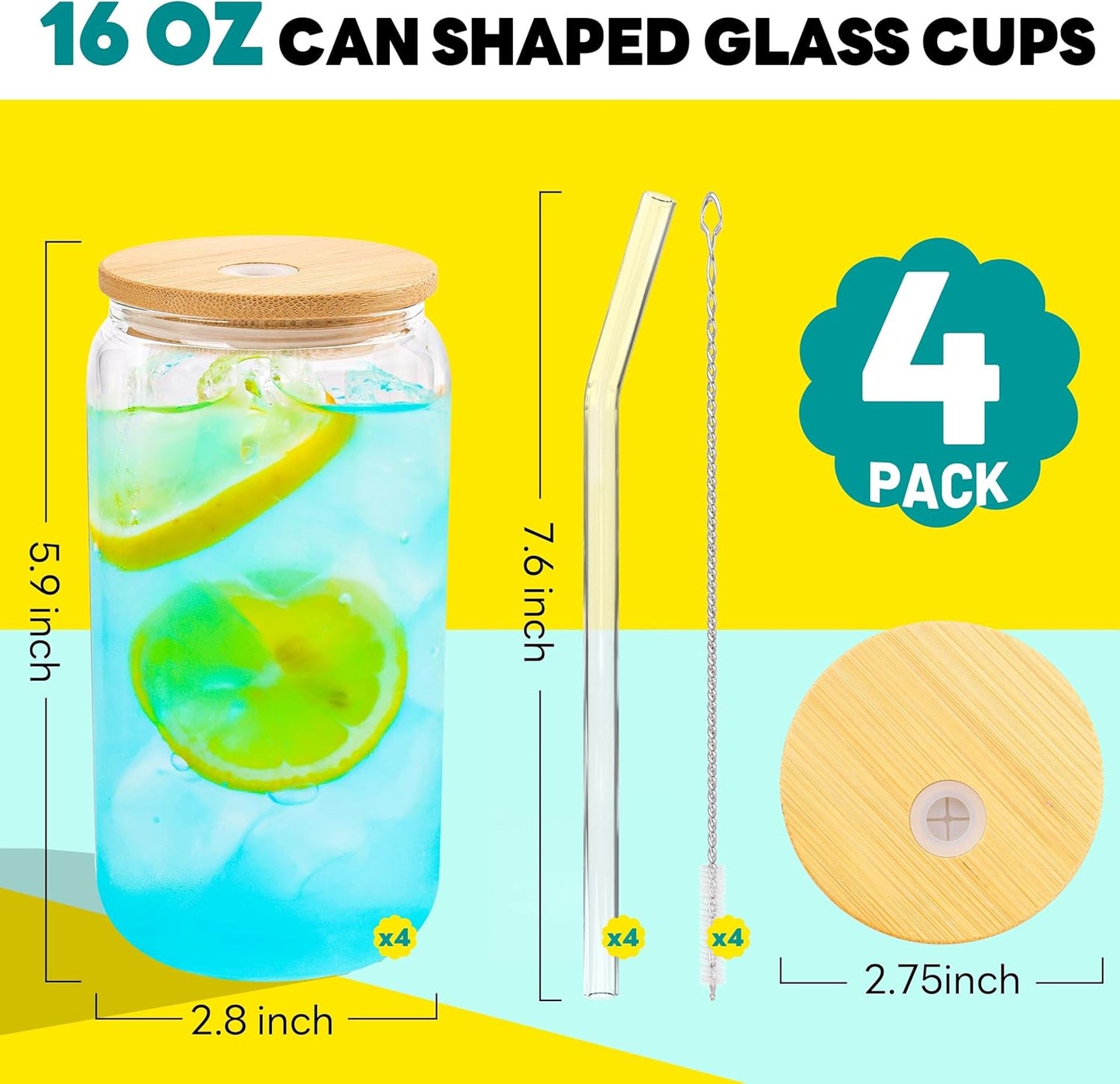 Joyclub Glass Cups with Bamboo Lids and Straws 4 Set 16 oz Reusable Iced Coffee Cup Beer Can Drinking Jars for Smoothie Whiskey Boba Soda Tea Gift