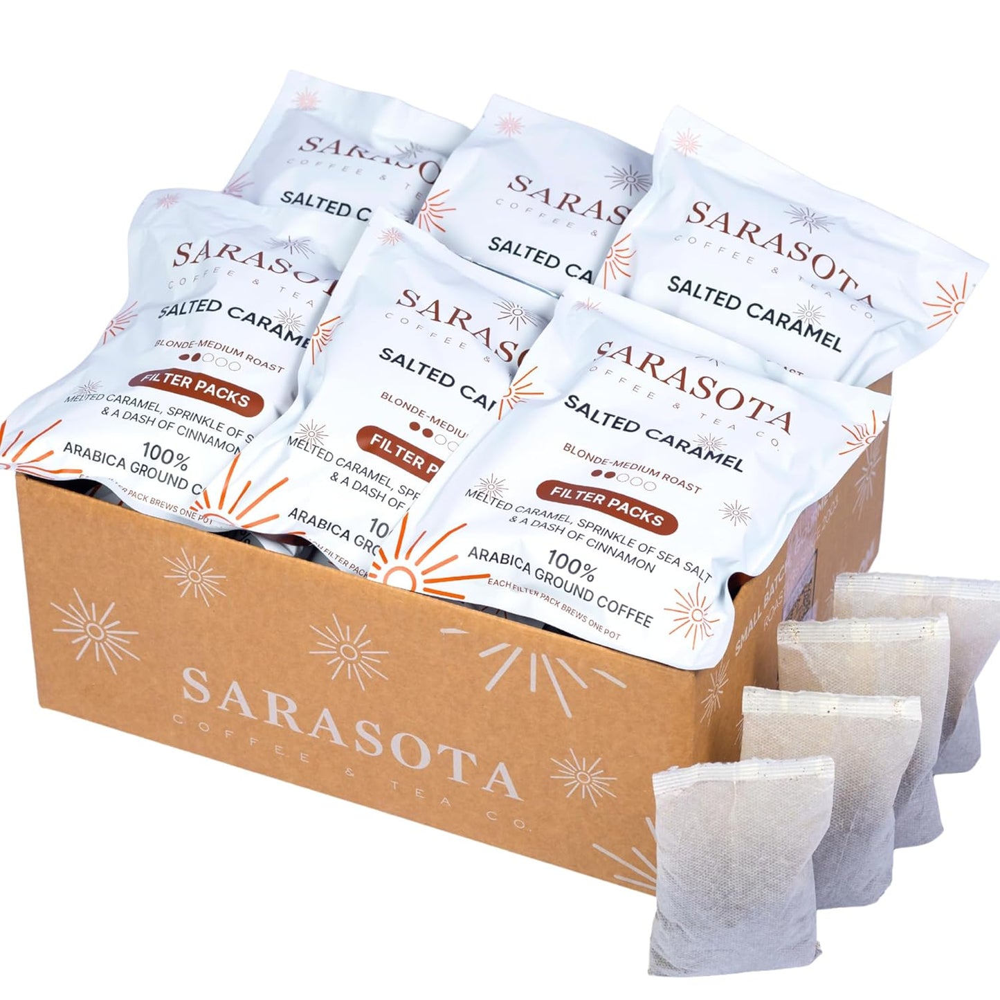 Ground Flavored Coffee In Filter Packs | Salted Caramel | Medium Roast Low Acid Mold Free Pouches | Bulk Packets Gourmet Bags for 10-12 Cup Drip Maker | Highest Rated Individual Premeasured Coffee