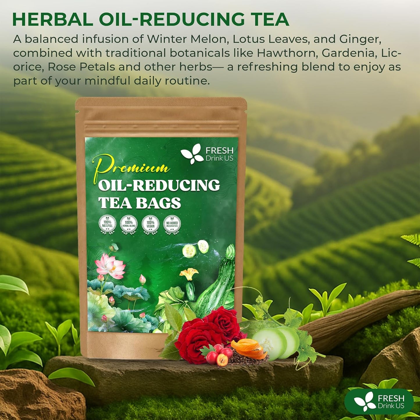 FreshDrinkUS, Oil-Reducing Herbal Tea – 75 Tea Bags | Blend of Winter Melon, Lotus Leaf, Ginger, Hawthorn, Gardenia Fruit, Rose, Cassia Seed & More | Naturally Caffeine-Free | Delicious Hot or Iced