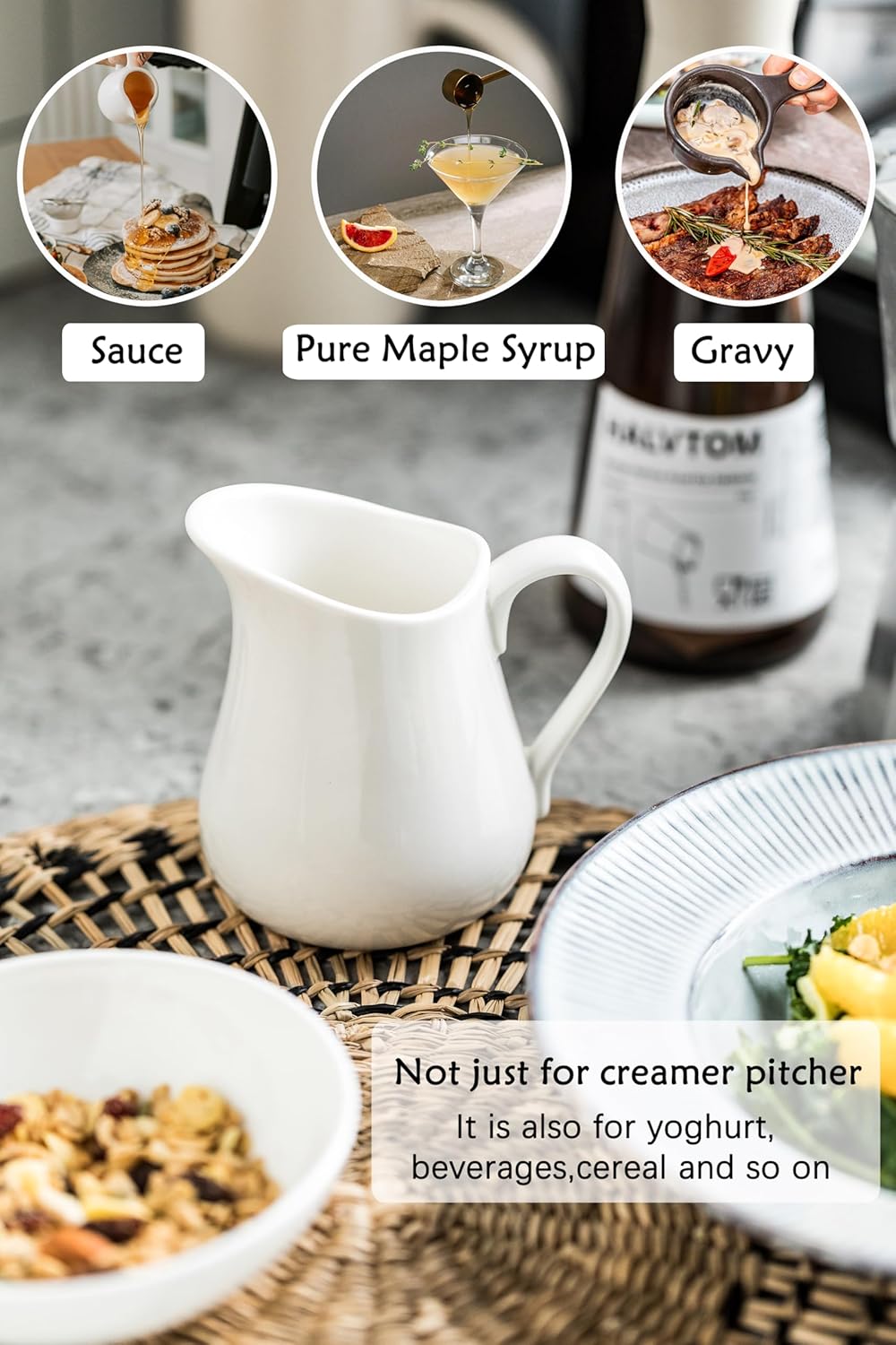 LYEOBOH 17 OZ Creamer Pitcher - Ceramics Creamer with Handle, Coffee Milk Pourer for Home Kitchen Microwave Dishwasher Freezer Safe, White