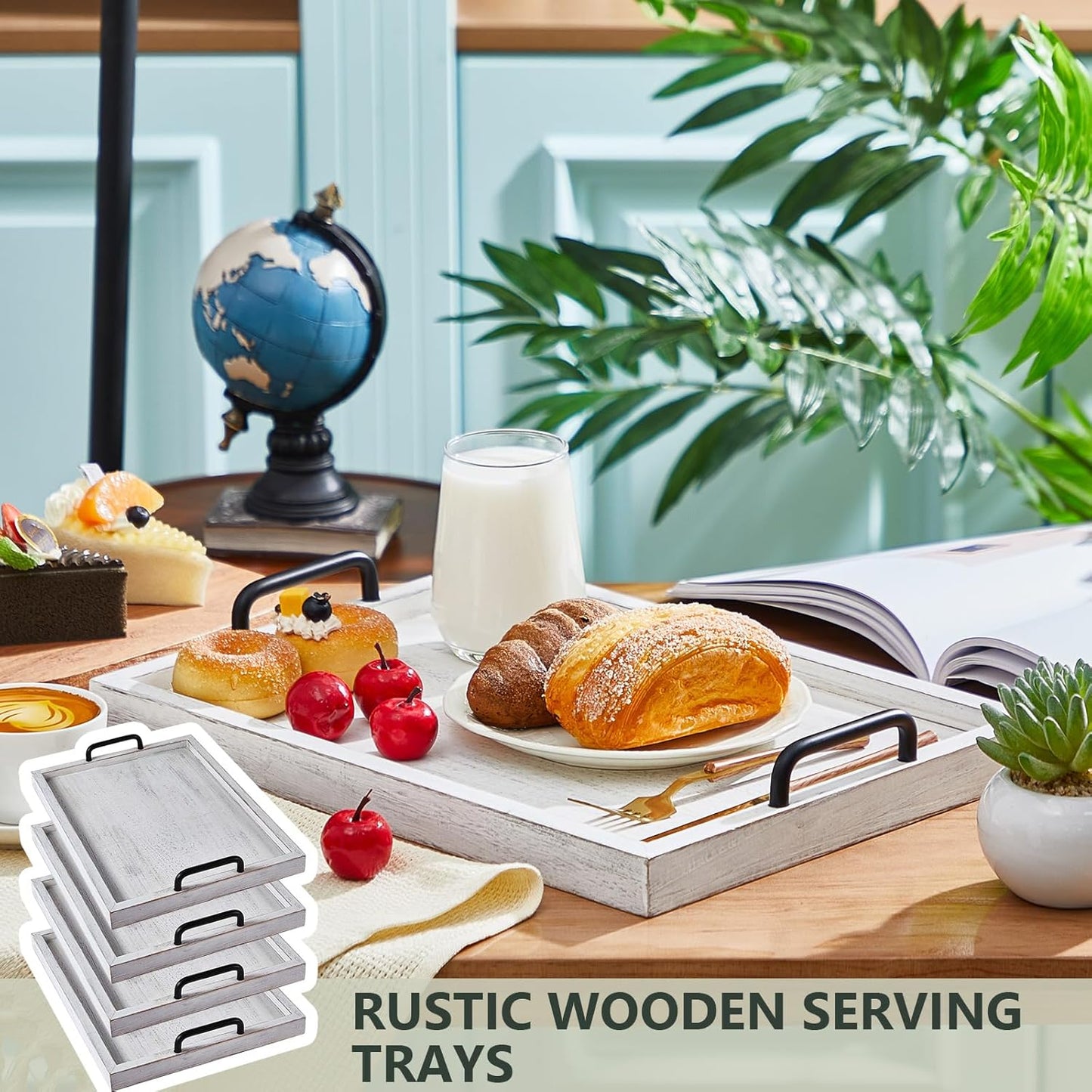 Lallisa 4 Pcs Large Wooden Serving Tray Decorative 15.8 x 11.8 x 1.2 Inch Ottomantray Rustic with Handles Coffee Table Decor Wood Tray Kitchen Platter for Party Tables Breakfast Wedding (White)