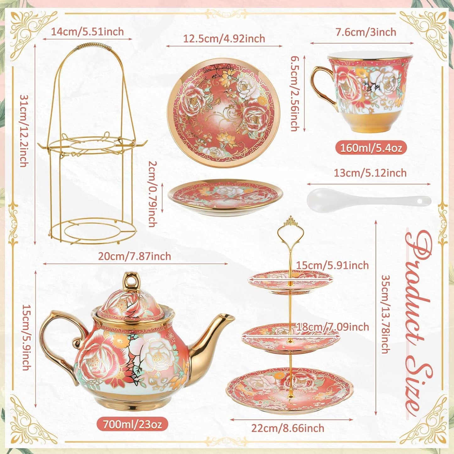 Maxcheck 21 Pcs Tea Party Set for Adults European Floral Tea Set with Metal Holder and 3 Tier Ceramic Cake Stand Porcelain Flower Cup Teapot for Dessert Cupcake(Romantic Style)