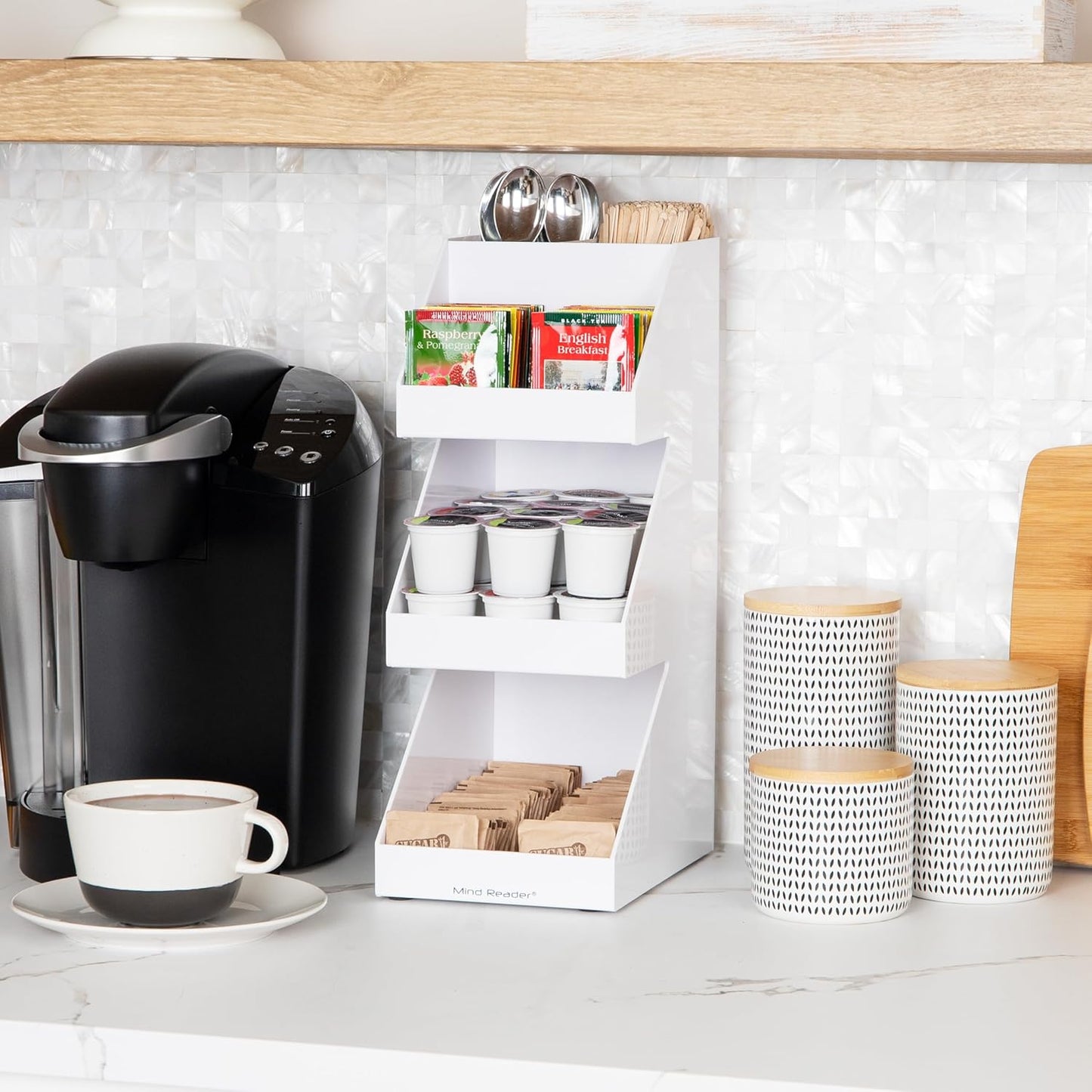 Mind Reader Coffee Tea Utensil and Condiment Station, Countertop Organizer, Coffee Bar, Kitchen, 6"L x 9"W x 16"H, White