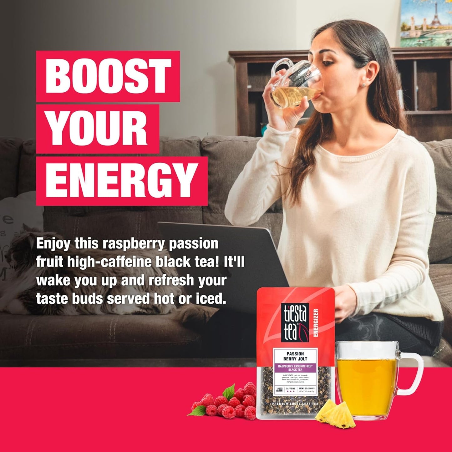 Tiesta Tea - Passion Berry Jolt, Loose Leaf, Raspberry Passion Fruit Black Tea, Premium Caffeinated Black Blend, Make Hot or Iced & Brews Up to 25 Cups, 1.5 Ounce Resealable Pouch