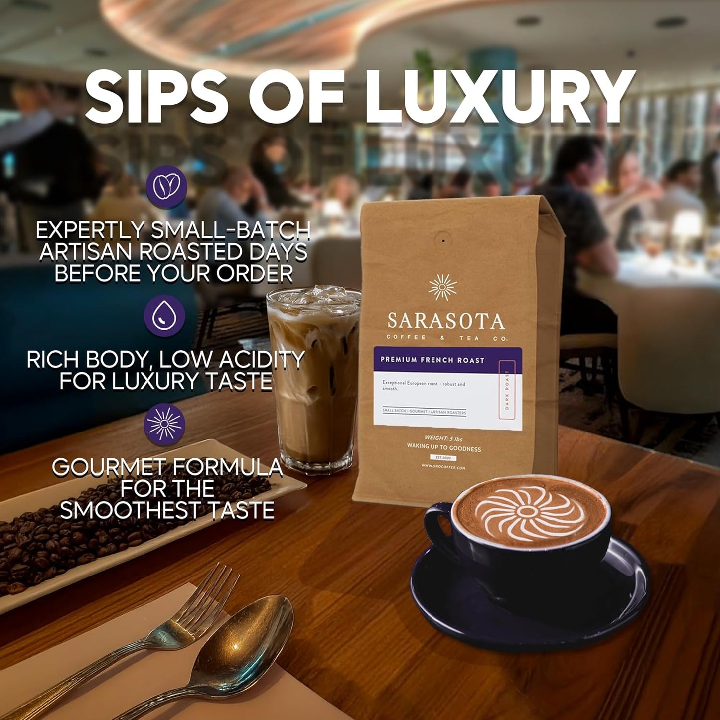 Sarasota Coffee Ground Cubano European French Roast | Dark Roast Gourmet Coffee Grounds | Low Acid, Mold Free, Specialty Grade Bulk Ground Coffee | 5lb (80 oz)