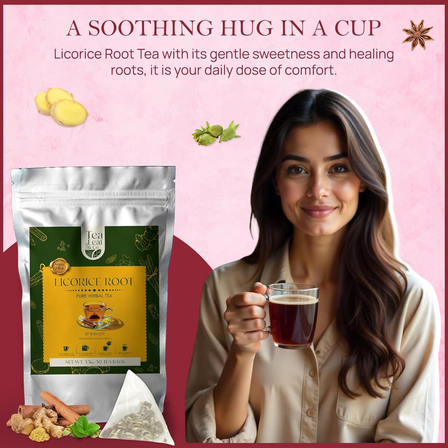 Tealeaf & Co. Licorice Root Tea Blended with Organic Spices - Pure Herbal Tea Bags with Cardamom, Ginger, Cinnamon Sticks & Licorice Root Extract - Low Caffeine - Gluten Free - 50 Teabags