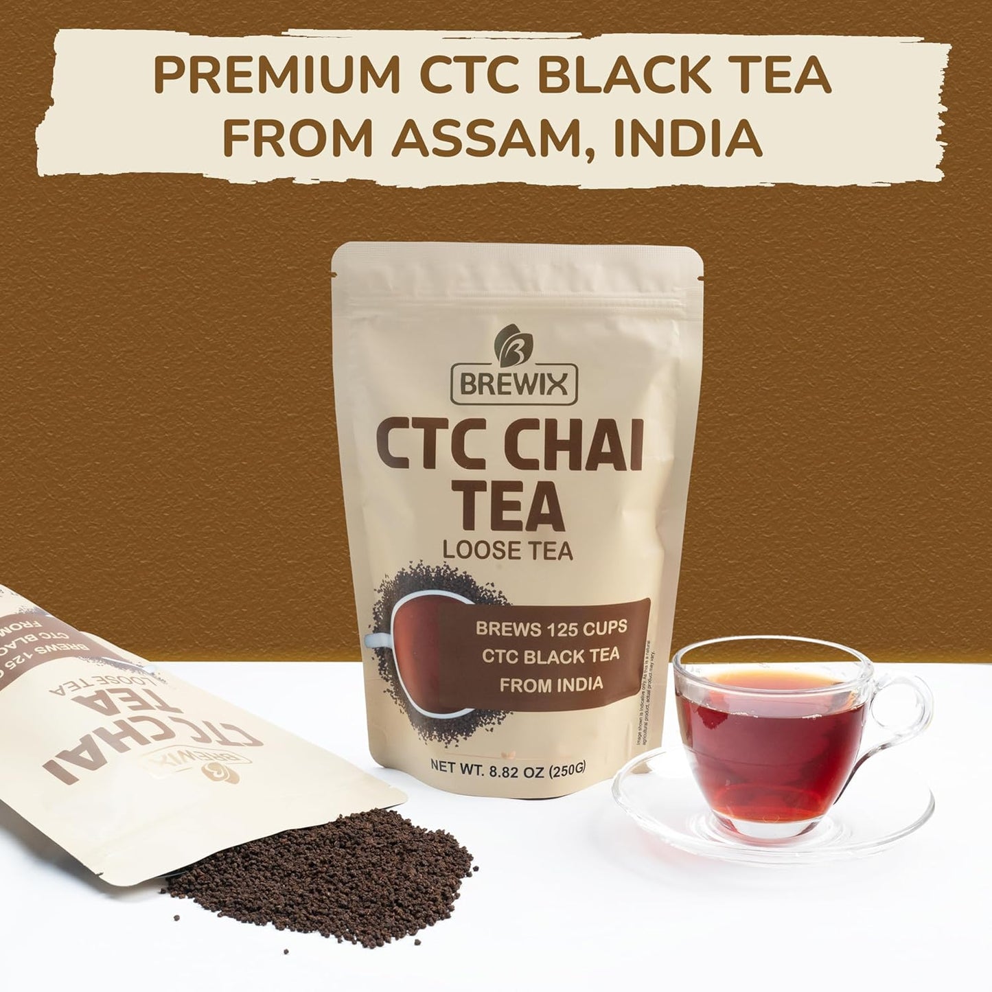 BREWIX, Premium CTC Assam Black Tea (125+ Cups, 8.82oz/250g) Strong and Full Bodied Loose Leaf Tea | For Kombucha, Indian Milk Tea, Iced Tea & English Breakfast Tea