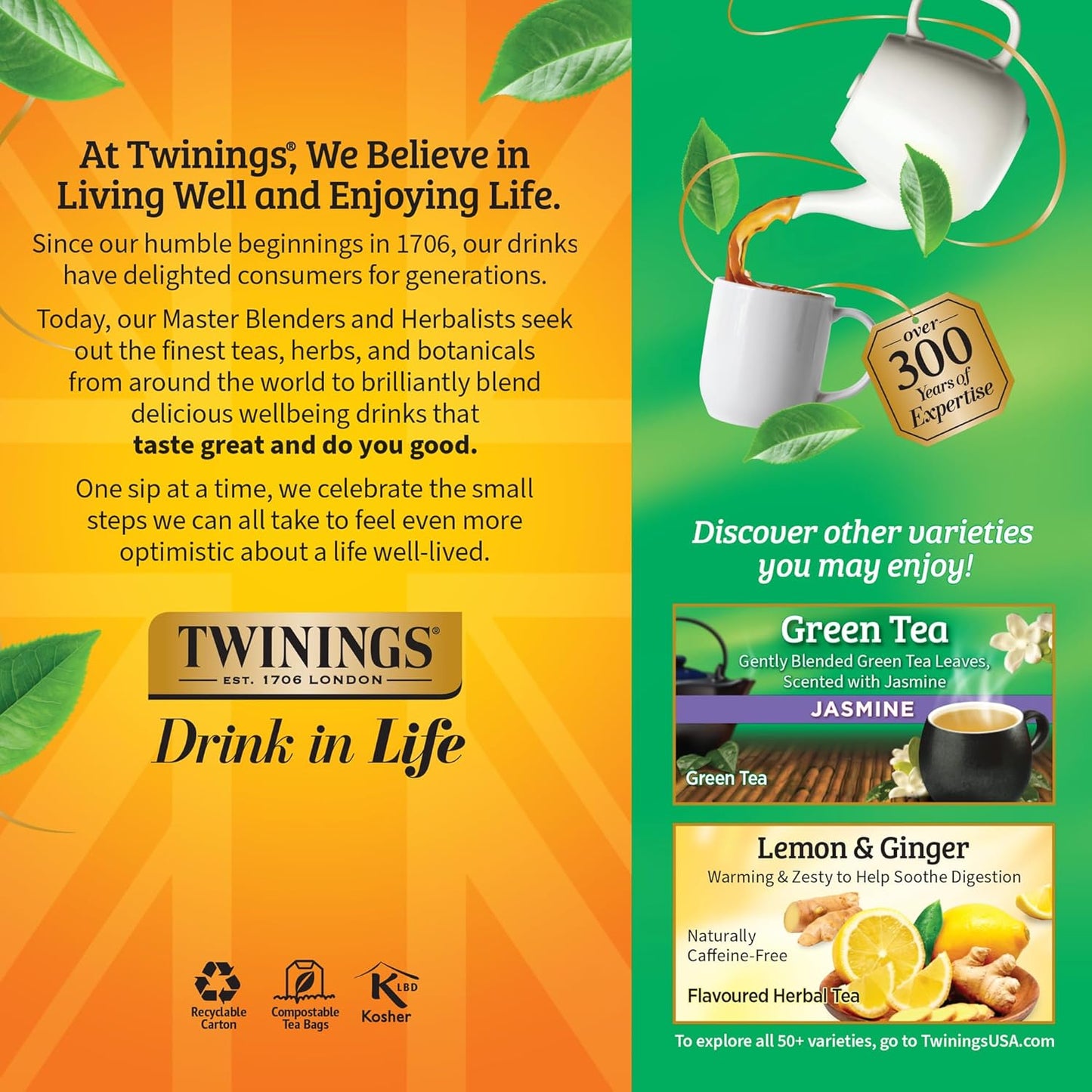 Twinings Pure Green Tea Individually Wrapped Bags, 25 Count (Pack of 6), Smooth Flavour, Enticing Aroma, Caffeinated, Enjoy Hot or Iced, 150 Teabags