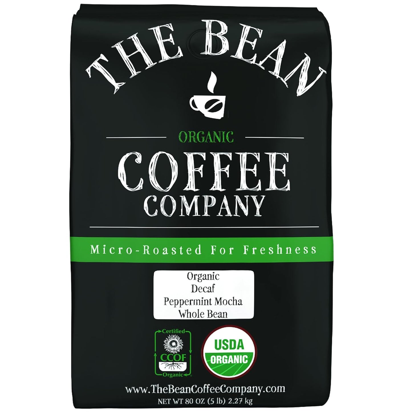 The Bean Organic Coffee Company Water Processed DECAF Peppermint Mocha, Medium Roast, Whole Bean Coffee, 80 Ounce Bag
