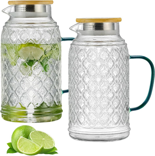 2 PACK Glass Pitcher with Bamboo Lid, 68 oz/2L Vintage Water Pitcher, Clear Borosilicate Glass Water Carafe for Cold Brew, Coffee, Lemonade, Iced Sun Tea,Beverage, Heat Resistant Water Glass Jug