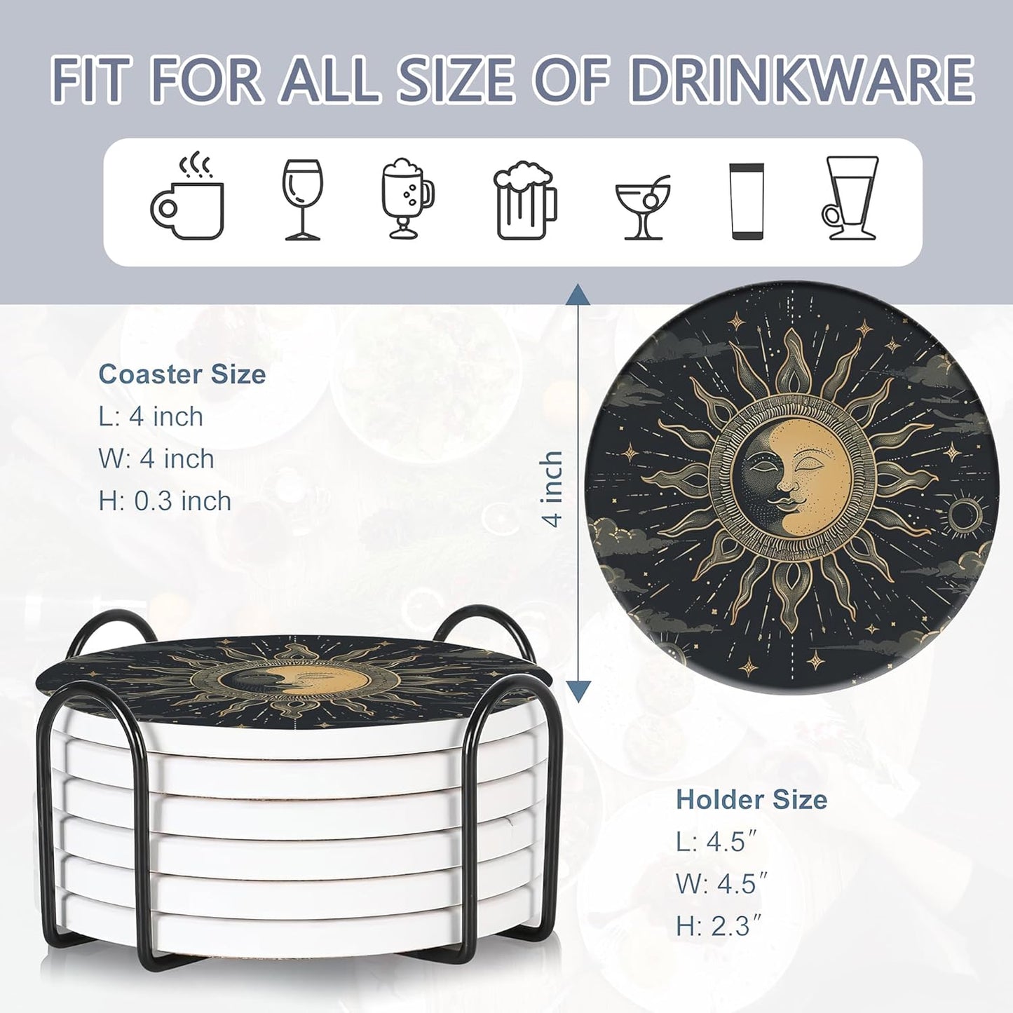 Drink Coasters Set of 6 with Holder, Gold Sun Moon Clouds Stars Absorbent Ceramic Coasters with Cork Base,Fit All Cups,Great Gift for Housewarming,Room Decor,Bar,Holiday Party