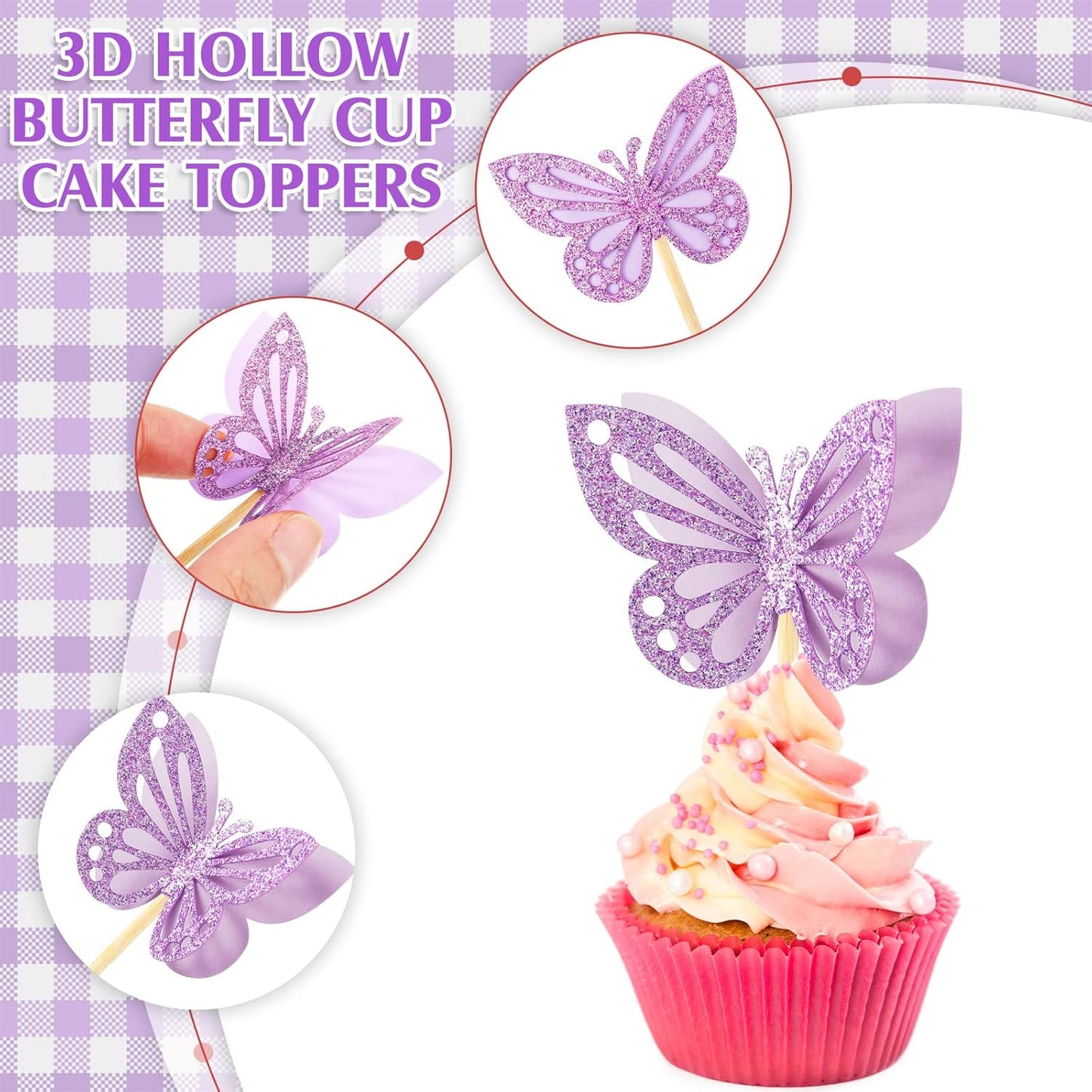 Chinco 48 Pcs Butterfly Cupcake Toppers Assembled Double Layer Cupcake Topper 3D Glitter Cake Topper Butterfly Cocktail Pick Decoration for Baby Shower Birthday Wedding(Purple,Classic Style)