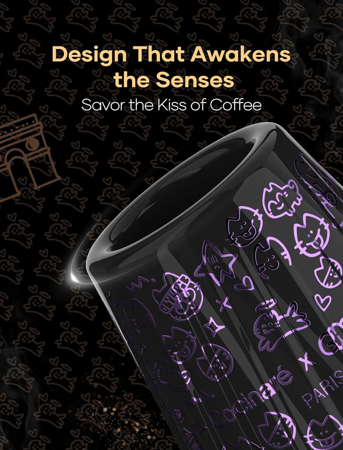 Cocinare x Chanoir KissCup Art Ceramic Espresso Cup – 2.2oz Demitasse Cup for Espresso, Pour-over coffee and Tea, Chanoir Black, Art de Paris Collaboration