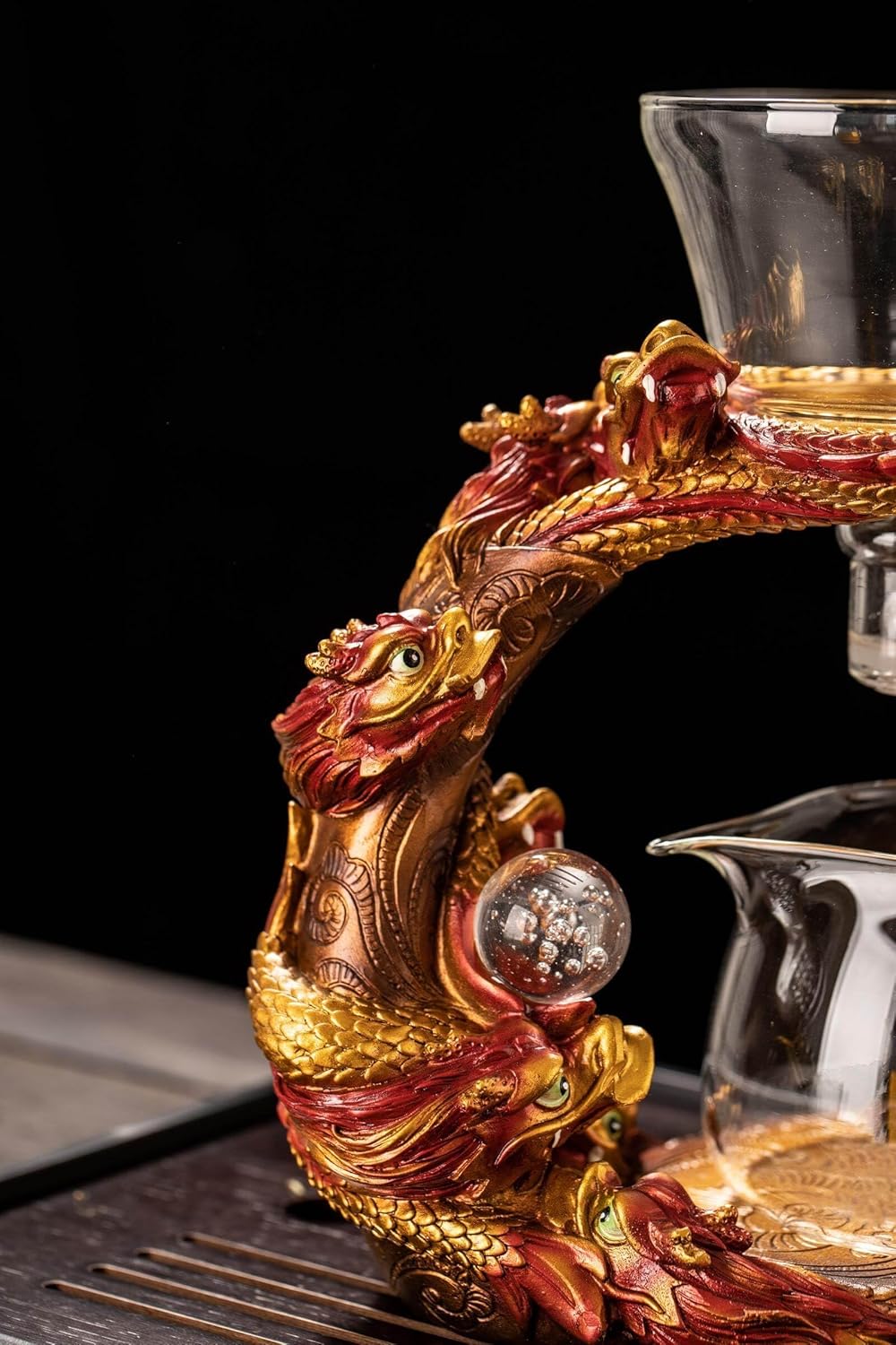 Glass Teapot Set with Infuser Semi Automatic Dragon Tea Set (Red golden teapot)