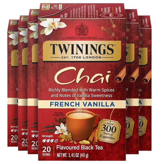 Twinings French Vanilla Chai Black Tea Individually Wrapped Bags, 20 Count (Pack of 6), Warm, Sweet & Spicy, Caffeinated, Enjoy Hot or Iced, 120 Teabags