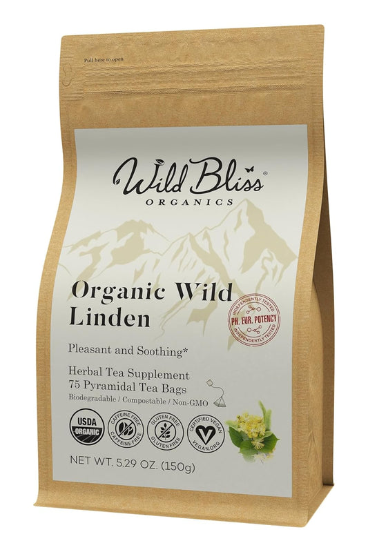 Wild Bliss Organic Linden Flower Tea - Caffeine Free Calming Herbal Tea - 75 Plant Based Tea Bags