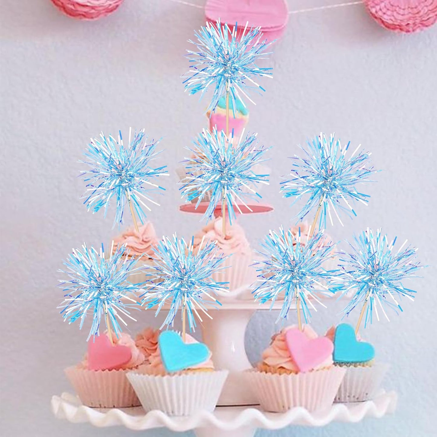 30 PCS Foil Firework Cupcake Toppers Happy Birthday Cupcake Toppers Sparkle Tinsel Flower Drink Stirrers Cocktail Fruit Toothpicks for Valentine's Day Baby Shower Party Cake Decor Supplies Blue
