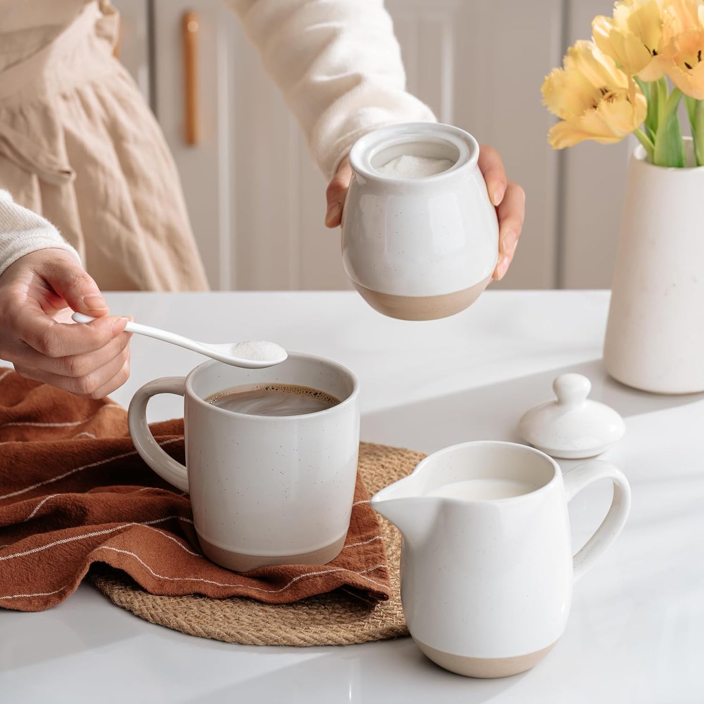 famiware Milkyway Ceramic Sugar and Creamer Set, 10oz Sugar Bowl & 13oz Creamer Set – Stoneware Milk Pitcher & Sugar Dispenser for Coffee Bar, Kitchen, or Countertop, Coffee Serving Set, White