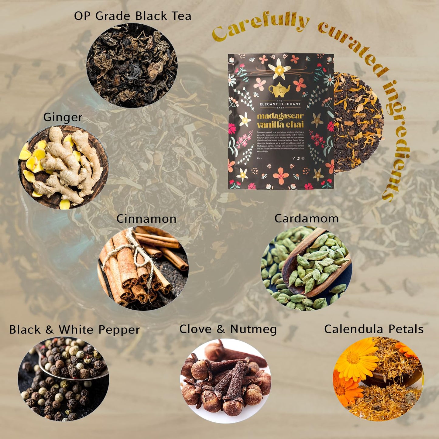 Madagascar Vanilla Chai Tea, Organic Loose Leaf Chai Tea – Black Tea with Chai Spice Blend – Great Hot or Iced Chai Latte – 4 oz Resealable Bag (Makes 50 Cups) – The Elegant Elephant