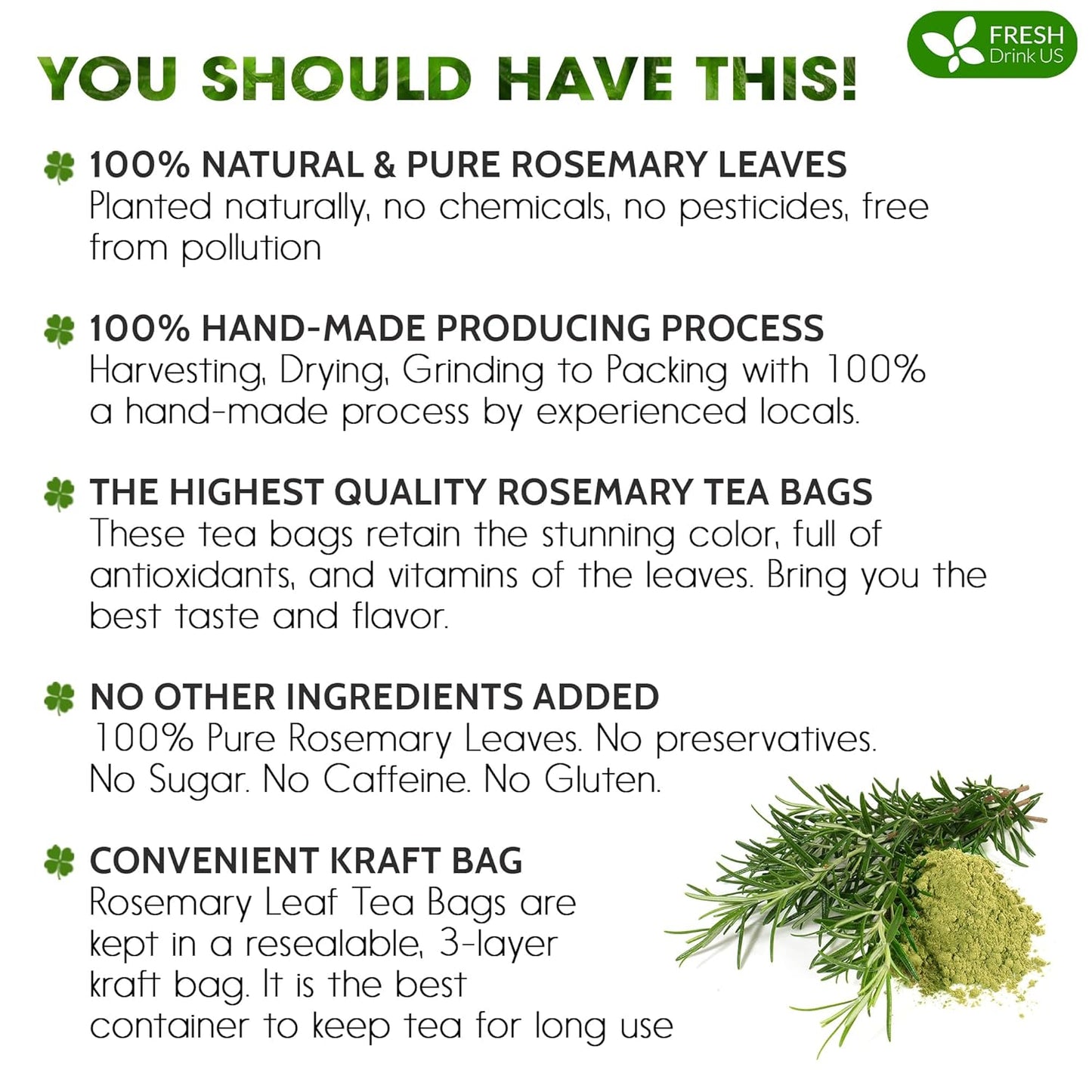 FreshDrinkUS, Premium 40 Rosemary Leaf Tea Bags, 100% Natural and Pure Rosemary Dried Leaves, Pure Rosemary Herbal Tea, No Additives, No Caffeine, No Gluten, Vegan.