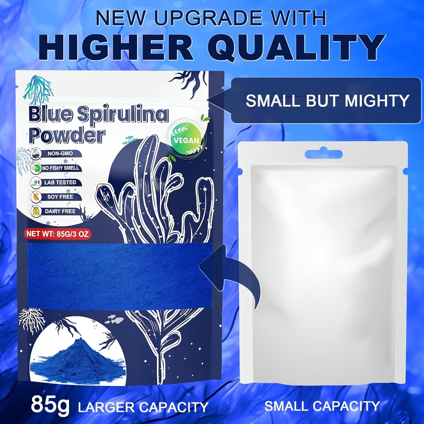 Blue Spirulina Powder - 85g Natural Blue Food Coloring, No Fishy Smell, Food Dye from Spirulina Algae, Plant Based Coloring Powder for Smoothies, Baking, Drinks