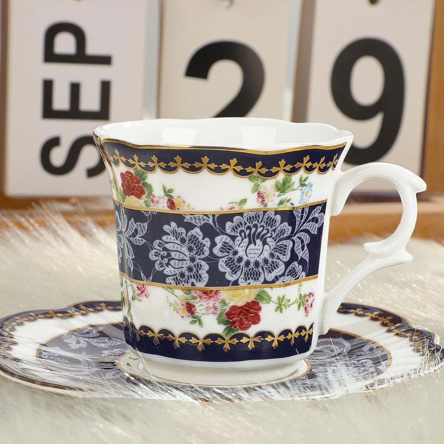fanquare 2.5 Ounce Espresso Cups Set of 6, 12 Pieces Ceramic Demitasse Cup and Saucers, Blue Lace Pattern Espresso Mugs for Coffee Bar Home