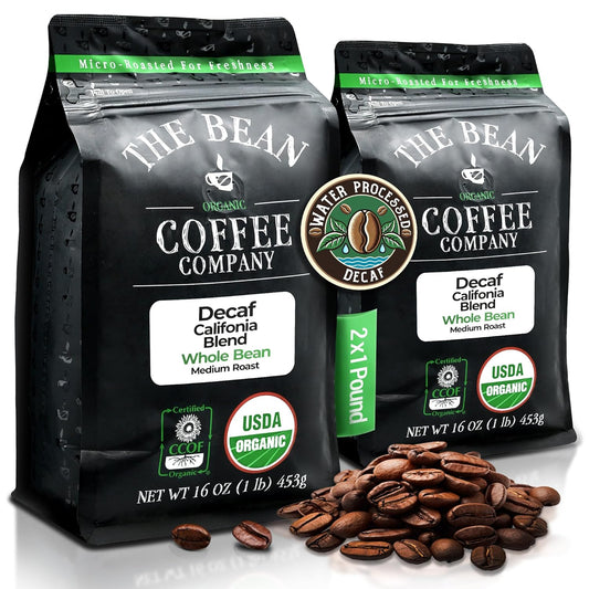 The Bean Organic Coffee Company Water Processed DECAF California Blend, Medium Roast, Whole Bean Coffee, 16-Ounce Bags (Pack of 2)