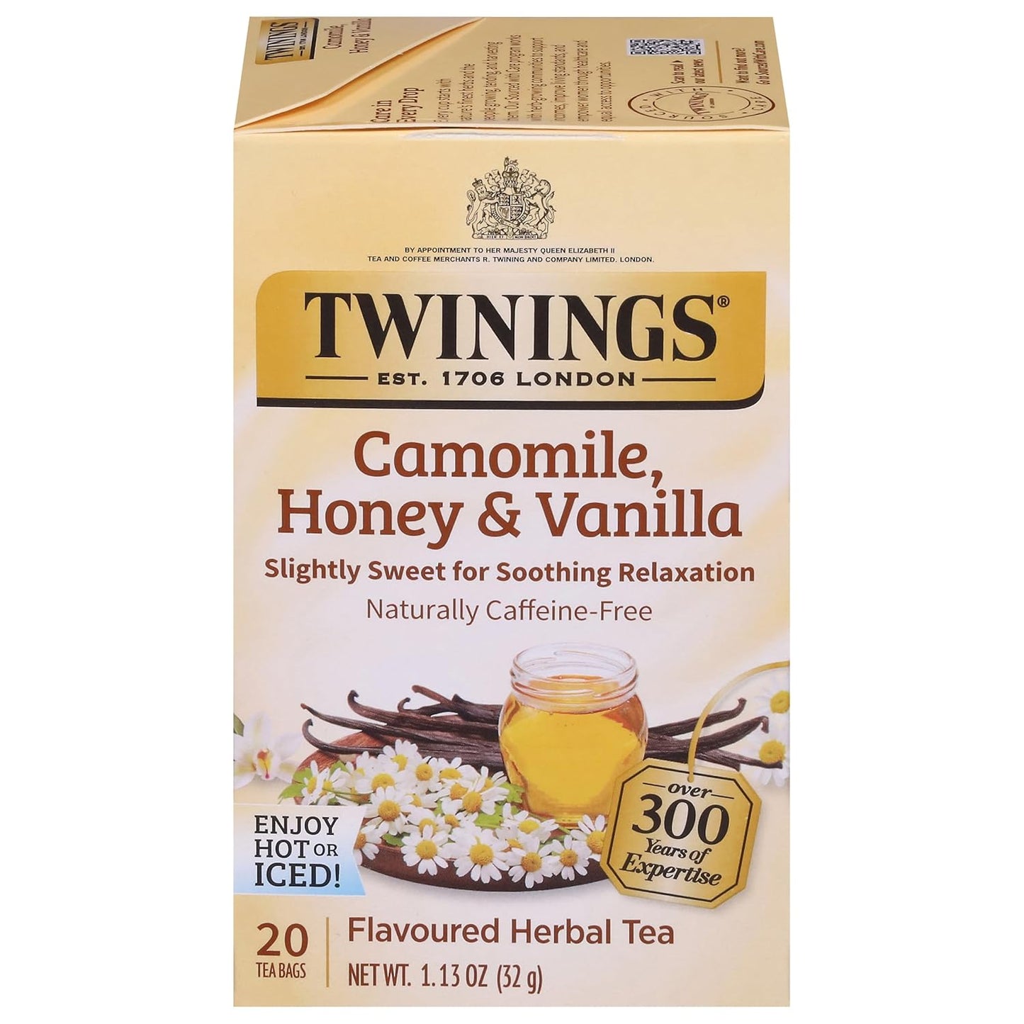 Twinings Camomile, Honey & Vanilla Herbal Tea individually Wrapped Bags, 20 Count (Pack of 1), Naturally Caffeine-Free, Enjoy Hot or Iced, 20 Teabags