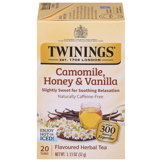Twinings Camomile, Honey & Vanilla Herbal Tea individually Wrapped Bags, 20 Count (Pack of 1), Naturally Caffeine-Free, Enjoy Hot or Iced, 20 Teabags