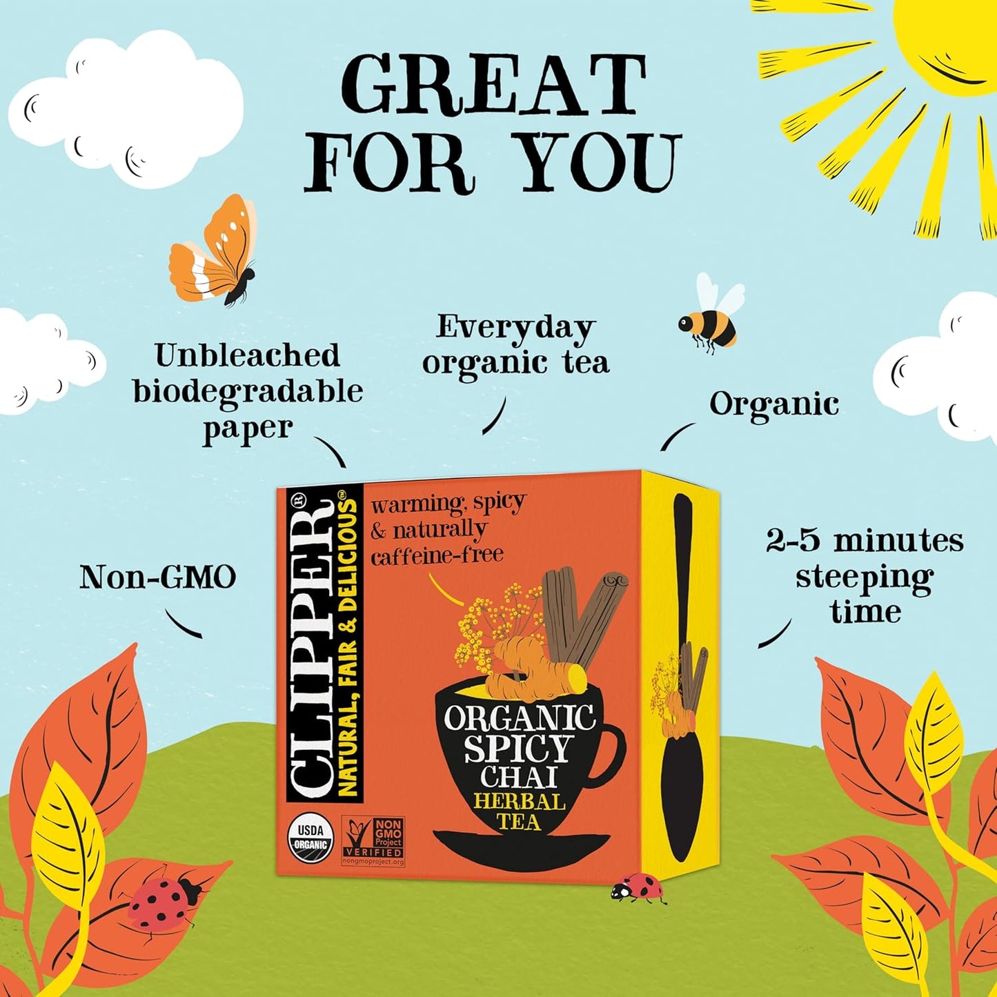 Clipper Tea Spicy Chai Herbal Tea – Caffeine Free, USDA Organic, Great Hot or Iced – Warming, Spicy, Natural, Fair & Delicious – 200 Tea Bags