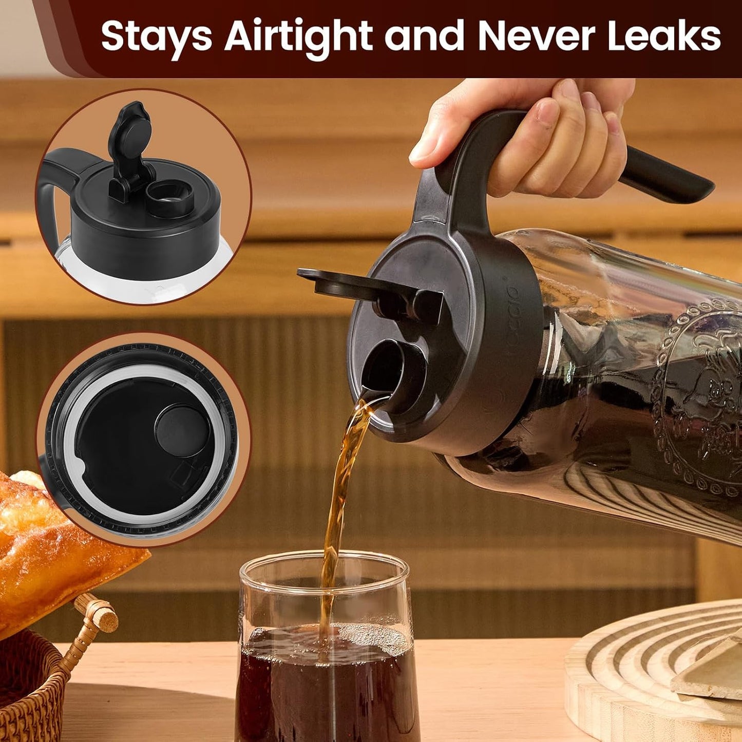 Cold Brew Coffee Maker Glass, Airtight & Leakproof Mason Jar Pitcher with Cold Brew Filter, 64 oz Glass Pitcher with Lid for Iced Coffee, Lemonade, Ice Tea